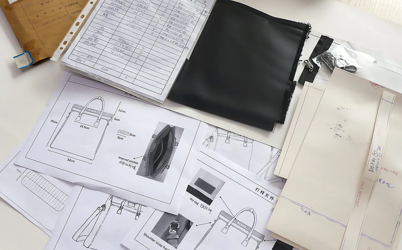 CoraggioBag product development with fabric samples and custom bag specifications
