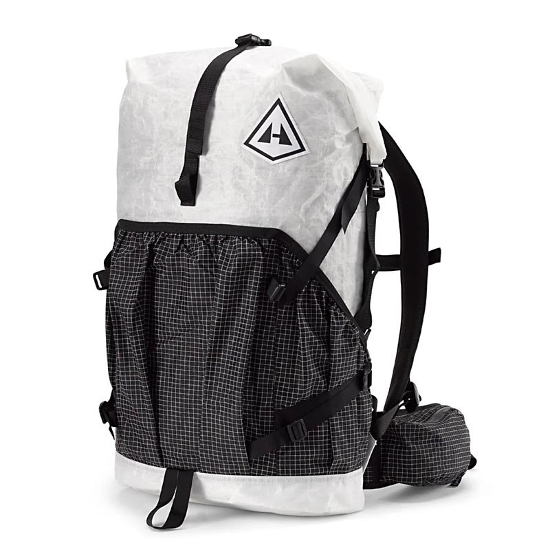 Front view of the White Southwest 40 Pack with black straps and a triangular Hyperlite Mountain Gear logo