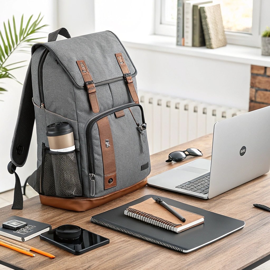 Modern grey laptop backpack with brown leather accents placed on a work desk with essentials