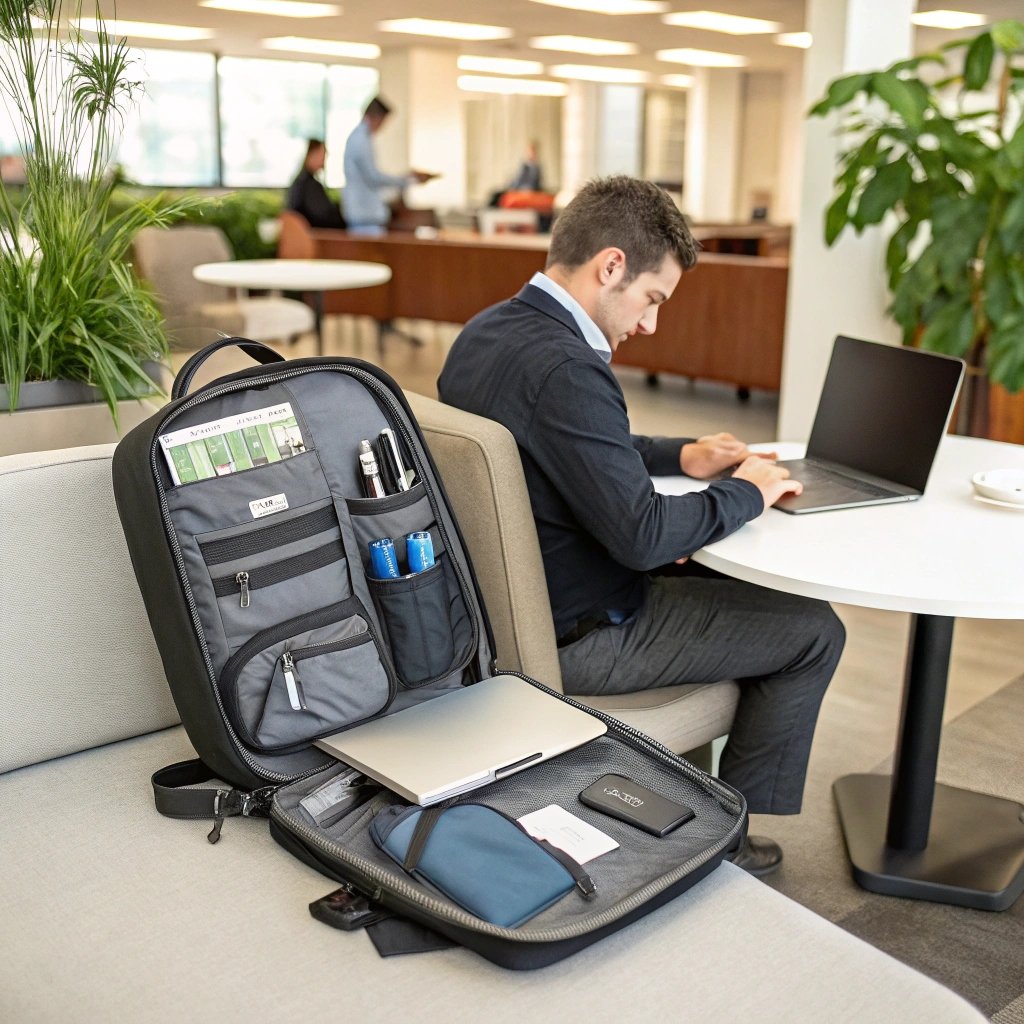 Open laptop backpack showcasing organized compartments and a sleek design in a professional workspace