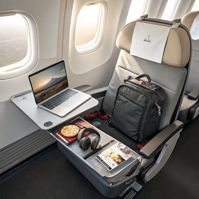 Airplane seat with a sleek laptop backpack, open laptop, and travel essentials neatly arranged