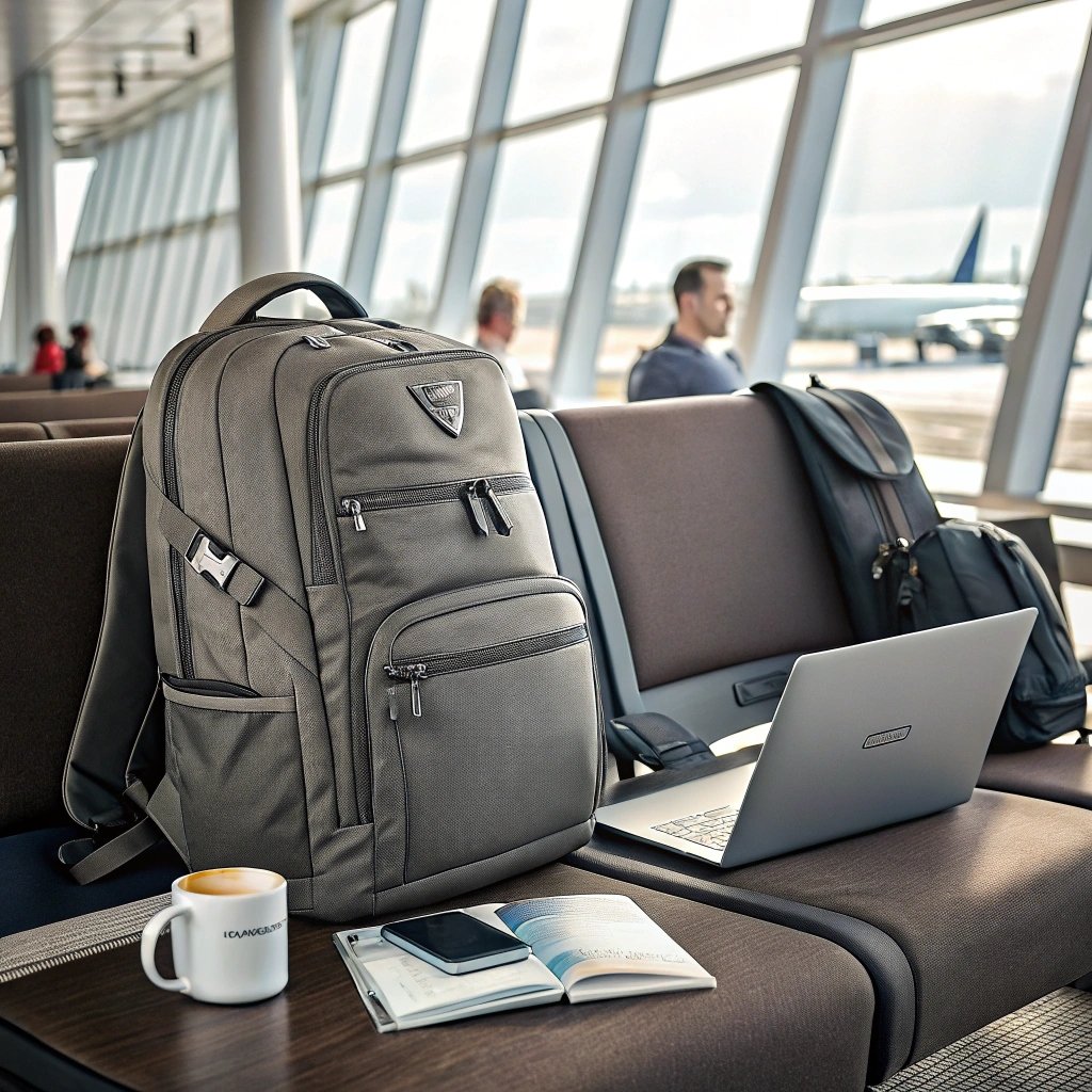 Open laptop backpack showcasing organized compartments and a sleek design in a professional workspace