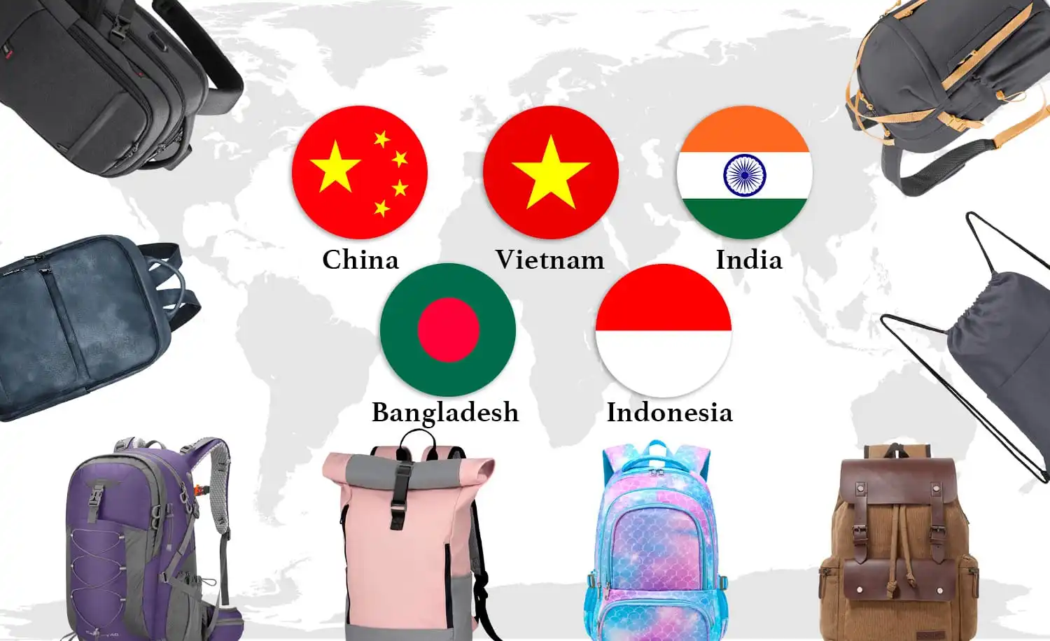 Top bag manufacturing countries: China, Vietnam, India, Bangladesh, Indonesia