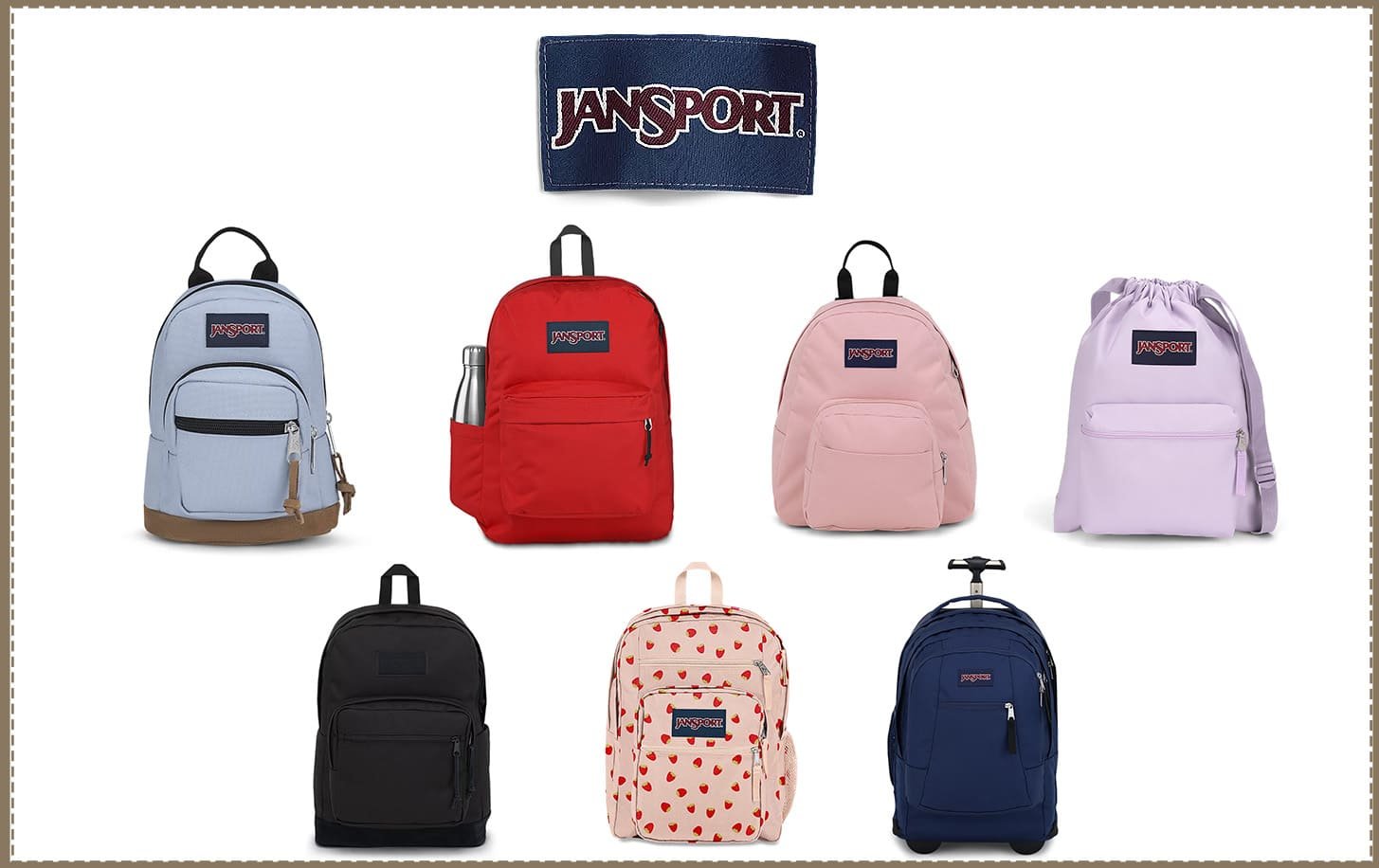 JanSport backpack collection featuring various styles and colors