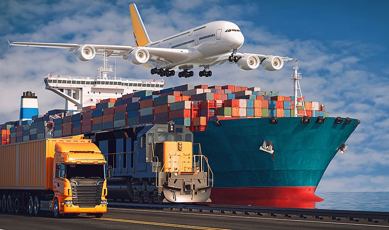 Global logistics and transportation: air, sea, rail, and truck shipping