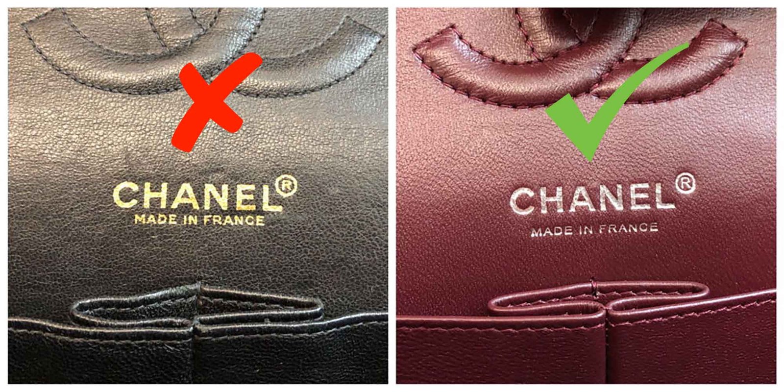 Real vs fake luxury bag logo comparison for authenticity verification