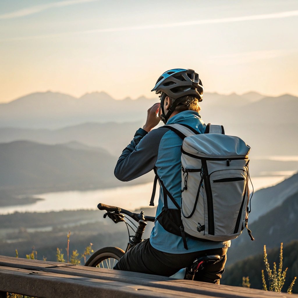 Cyclist resting at scenic mountain viewpoint, peaceful sunset ride