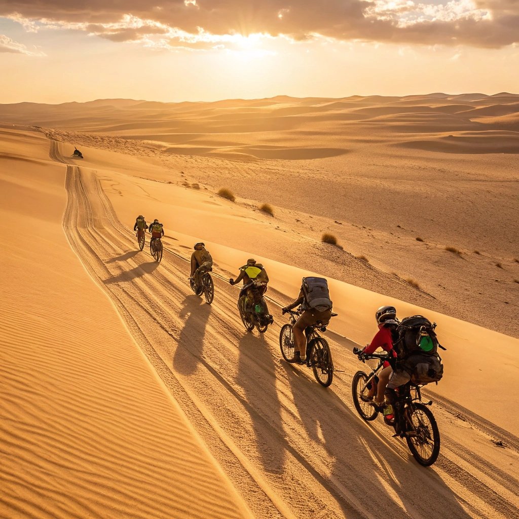 Group of cyclists riding through desert dunes at sunset, adventurous journey