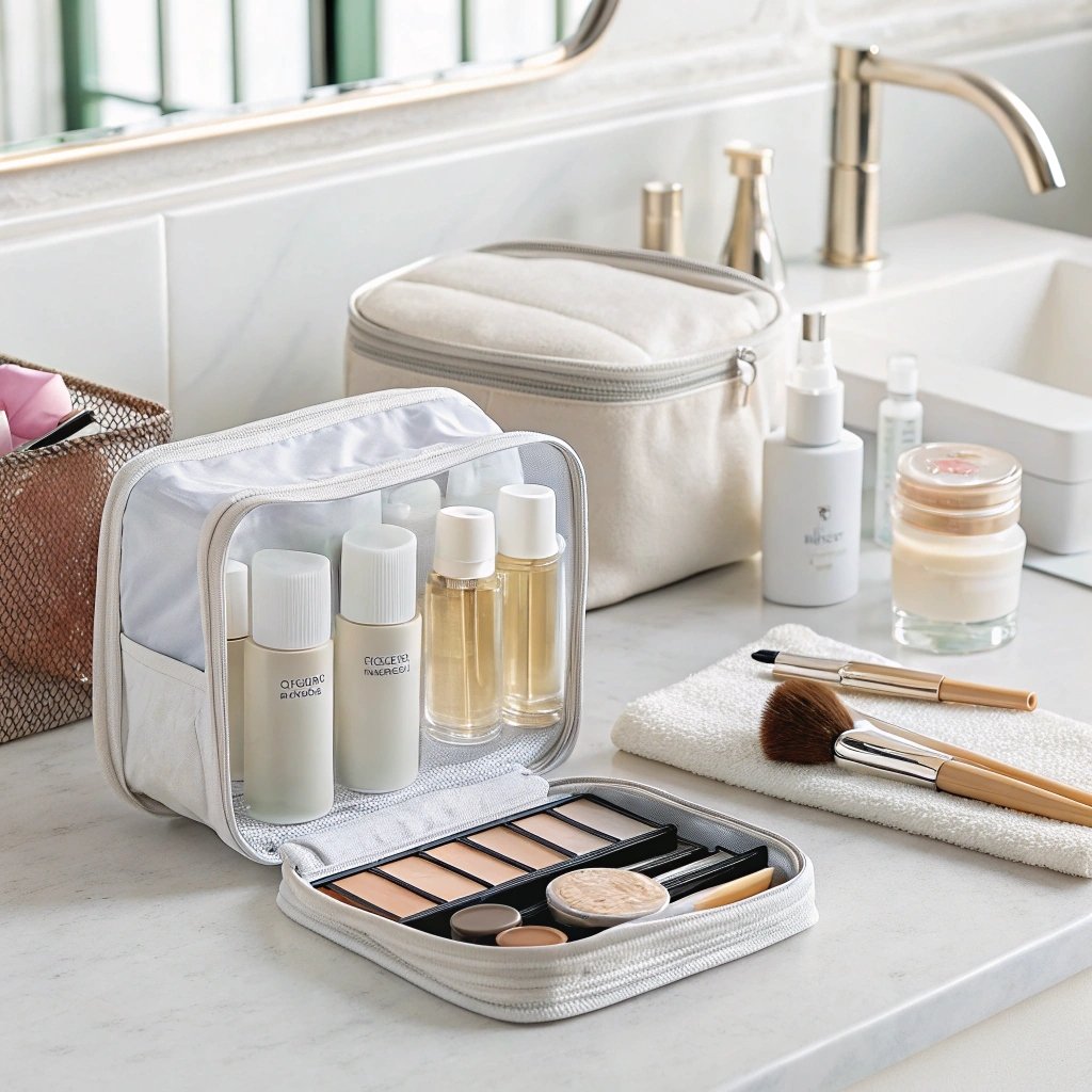 Clear toiletry bag with beauty essentials