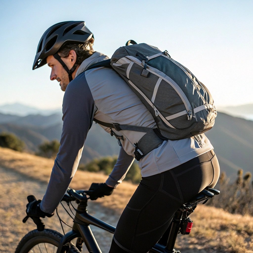 Cyclist riding on a mountain trail with a sturdy backpack, scenic view