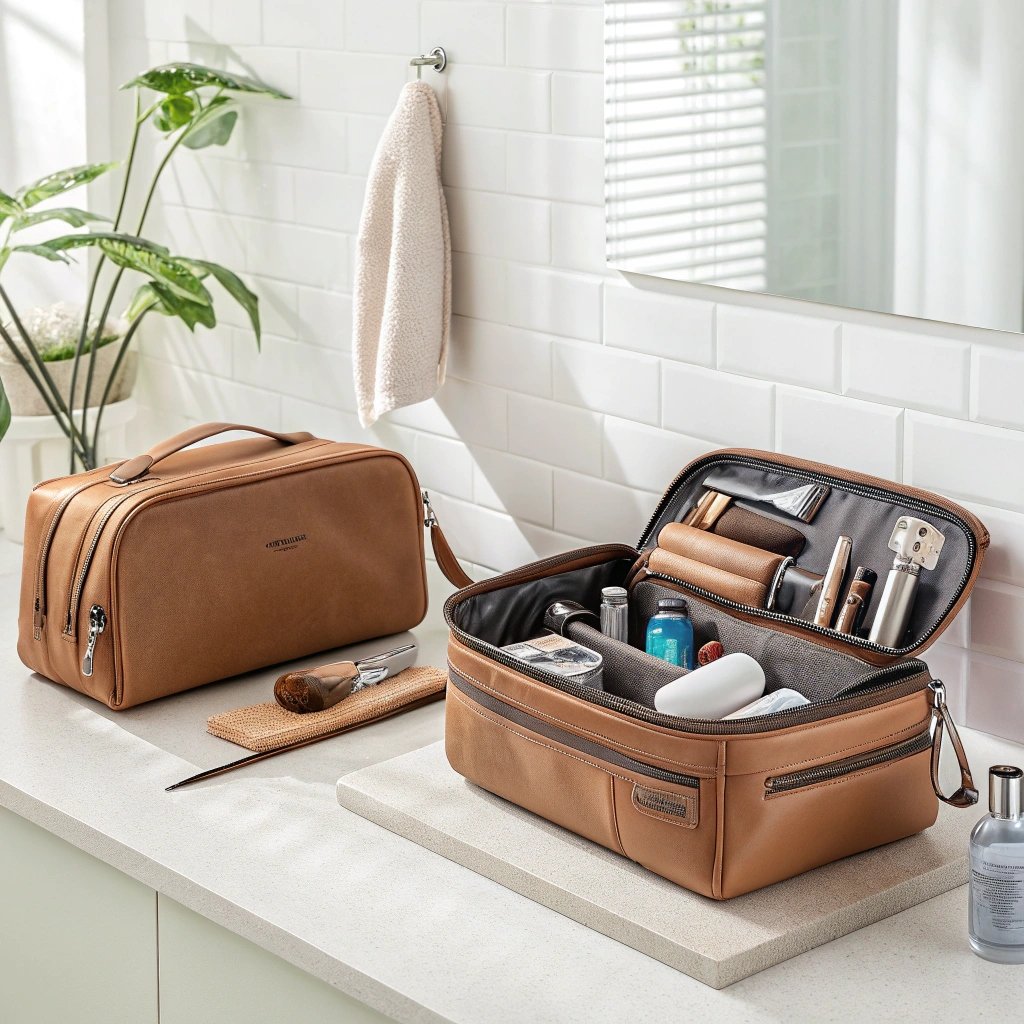 Large brown cosmetic bag with beauty products