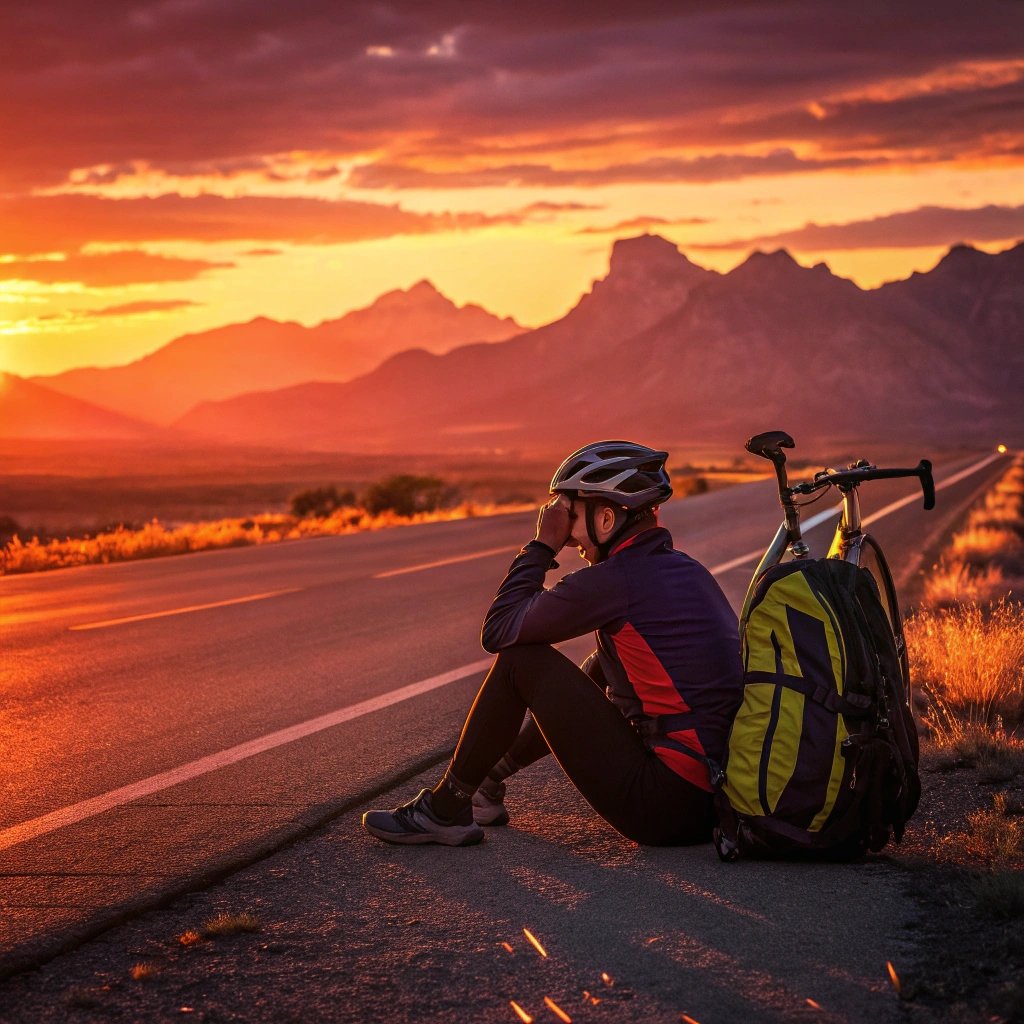 Cyclist resting by the roadside during sunset, scenic mountain view