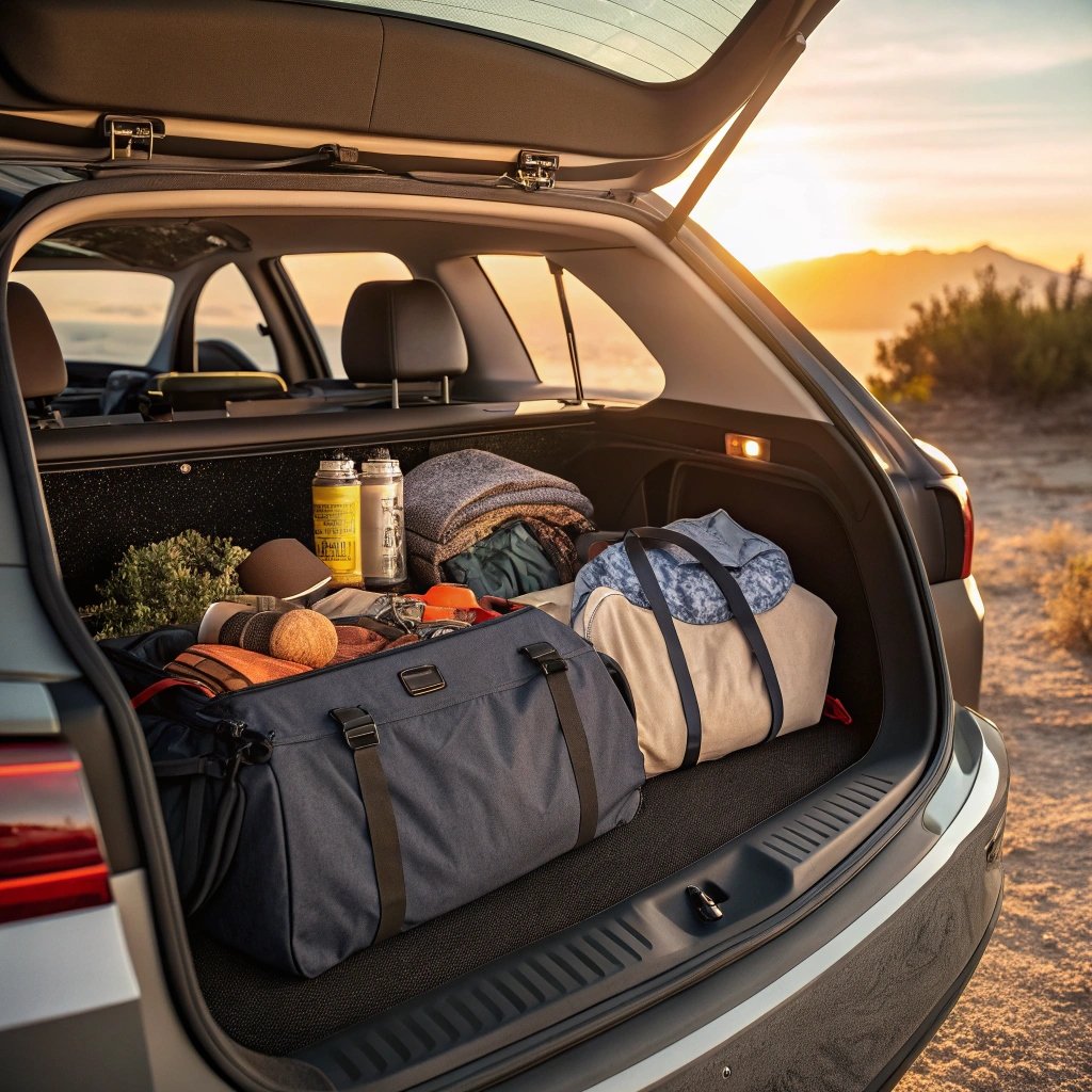 Duffel bag and travel gear packed in car trunk, ready for road trip