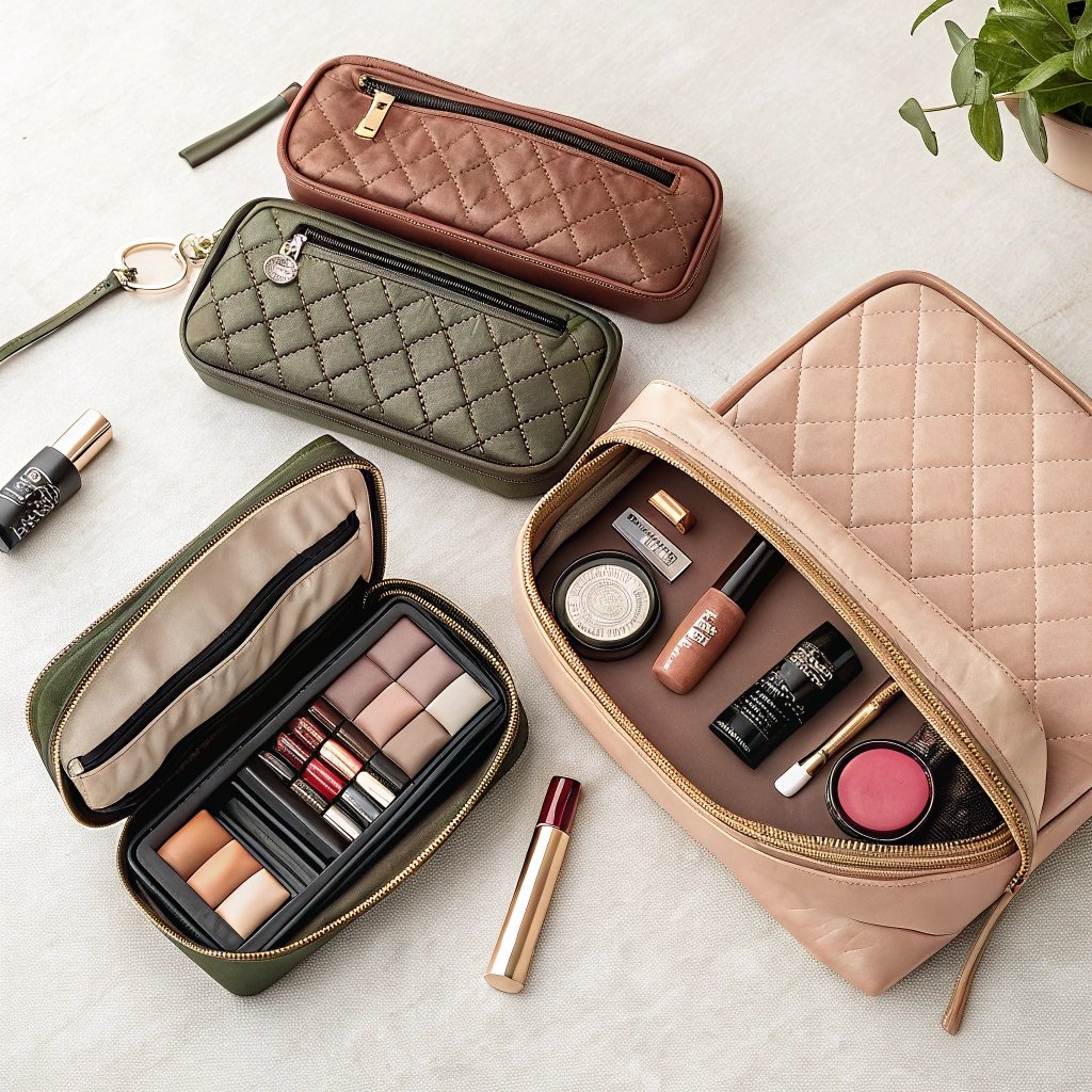 Quilted makeup bags with beauty products