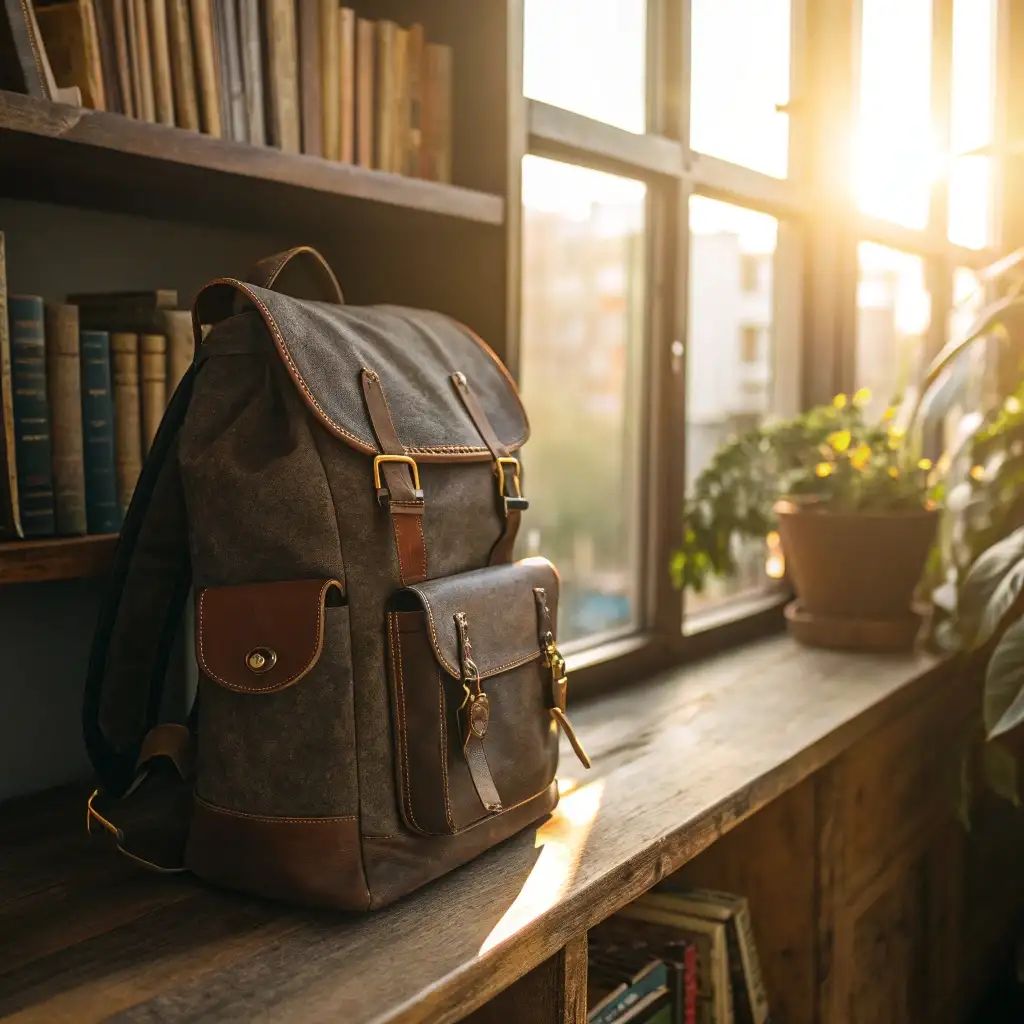 backpack on wooden shelf with sunlight