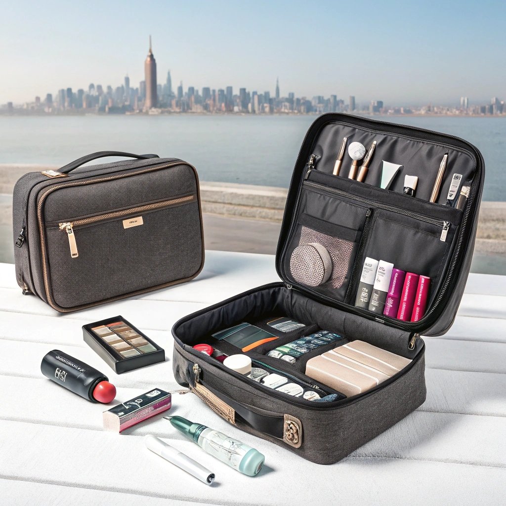 Large cosmetic travel bag with beauty essentials