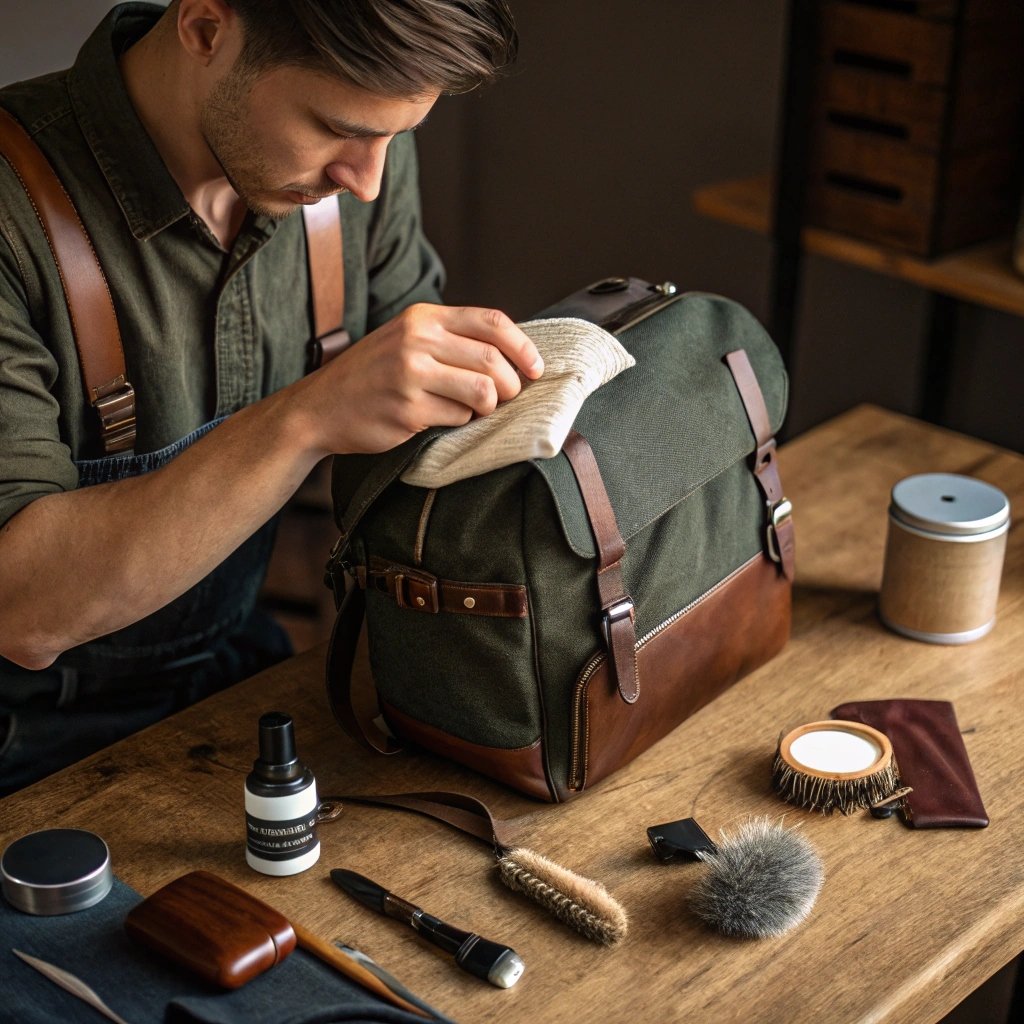 Person cleaning a green backpack with care]