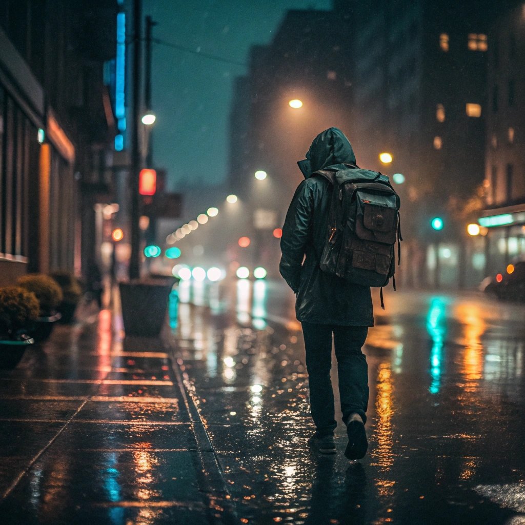 Person walking in rain with a backpack