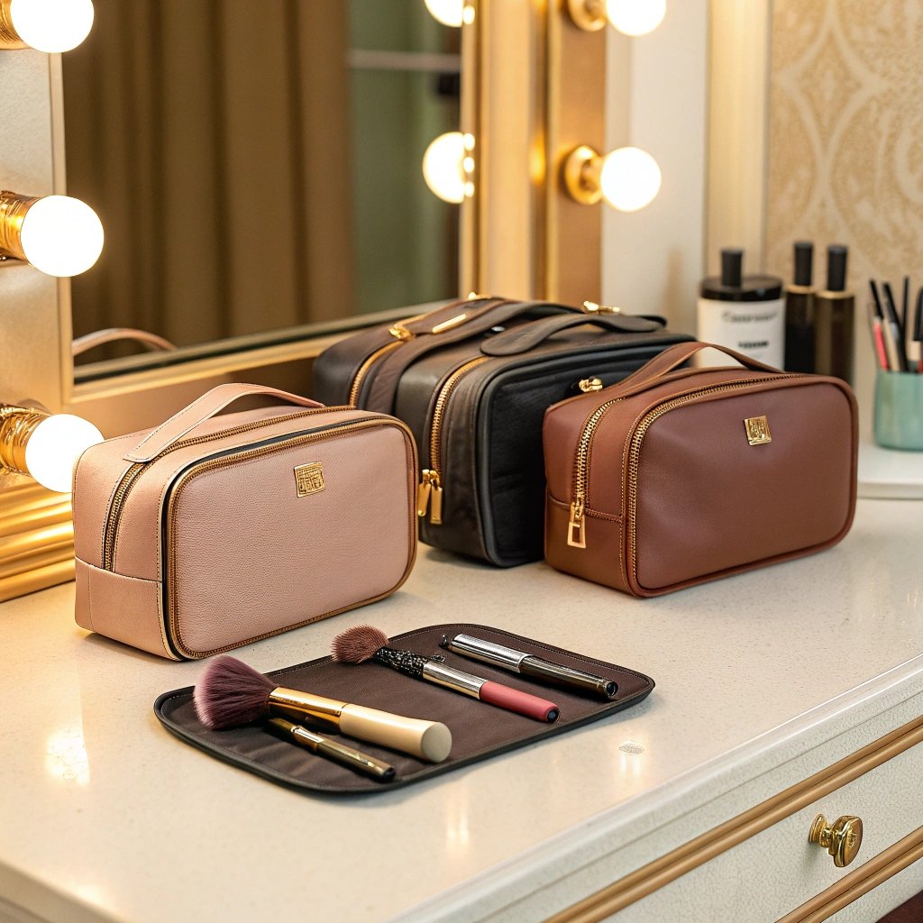 Three stylish makeup bags with cosmetics