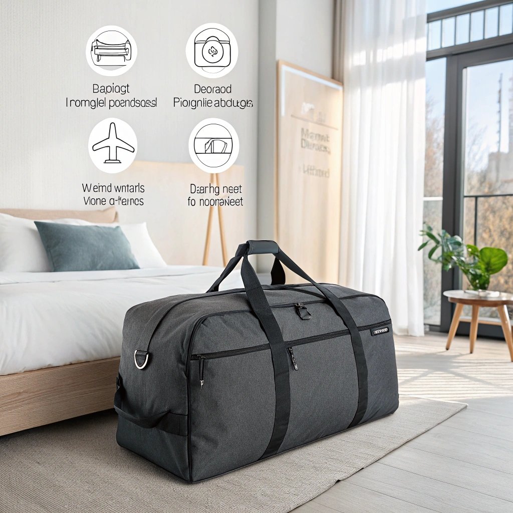Sleek, compact duffel bag resting beside a bed, modern bedroom