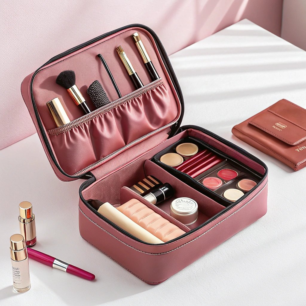 Organized pink makeup bag with beauty products