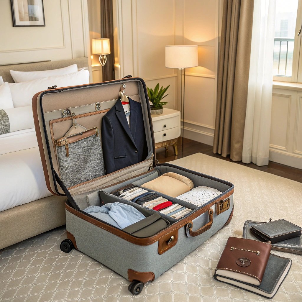 Stylish roller suitcase with organized packing, luxury hotel room