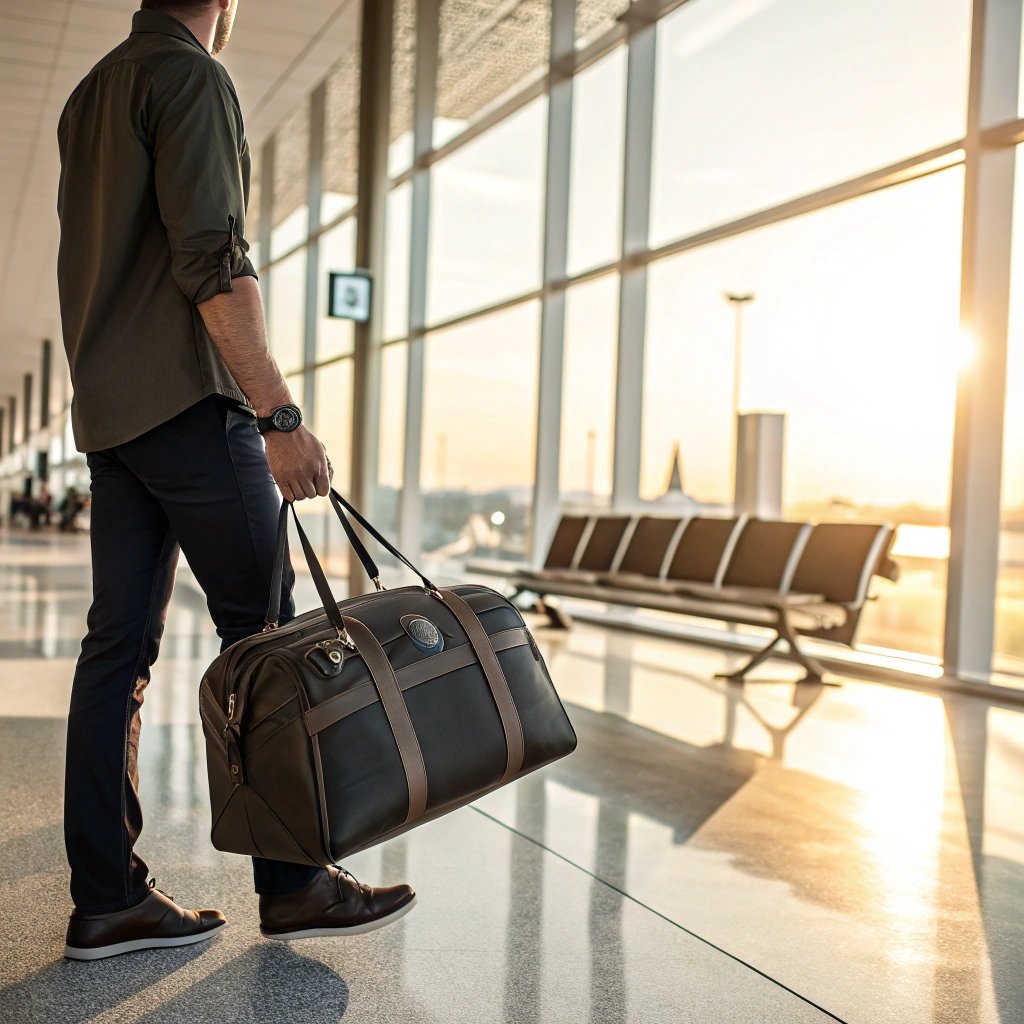 Traveler carrying a small duffel bag through the airport, sunset light