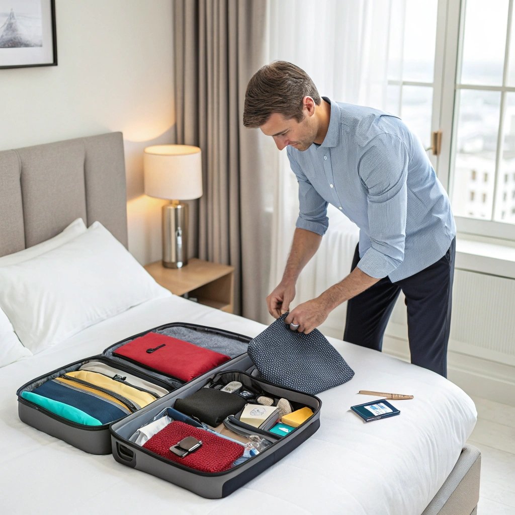 Traveler packing a compact suitcase, organized travel essentials