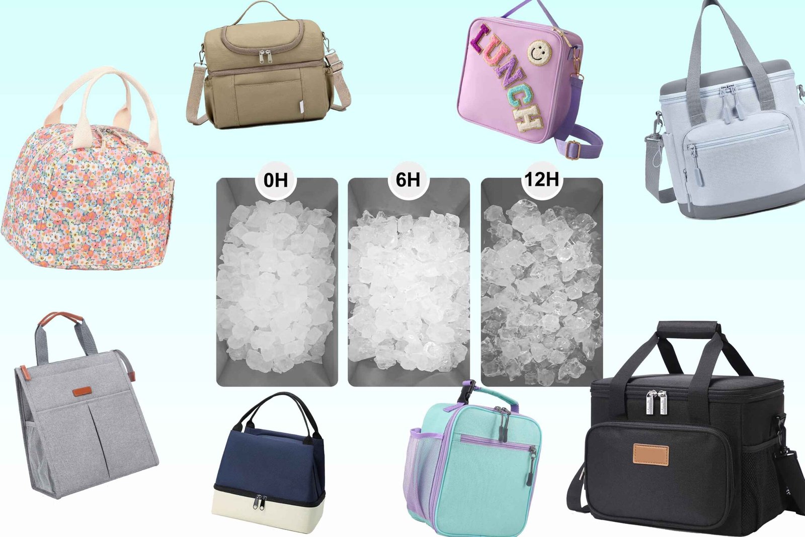 Various lunch bags with 12-hour ice retention chart