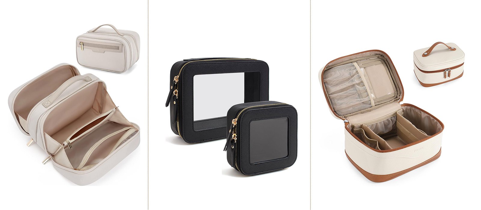 business traveler packing a compact cosmetic pouch