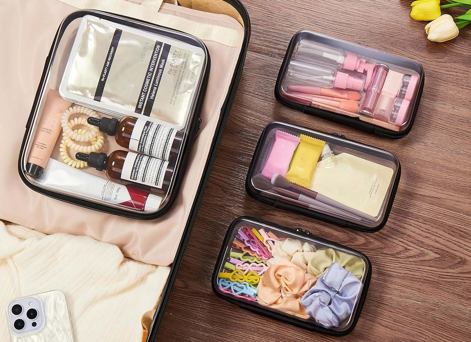 cosmetic zipper pouch filled with travel essentials