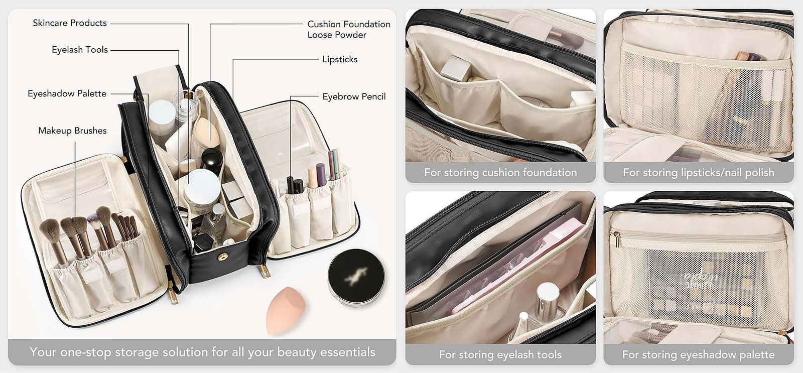 organized cosmetic pouch interior with brushes and bottles