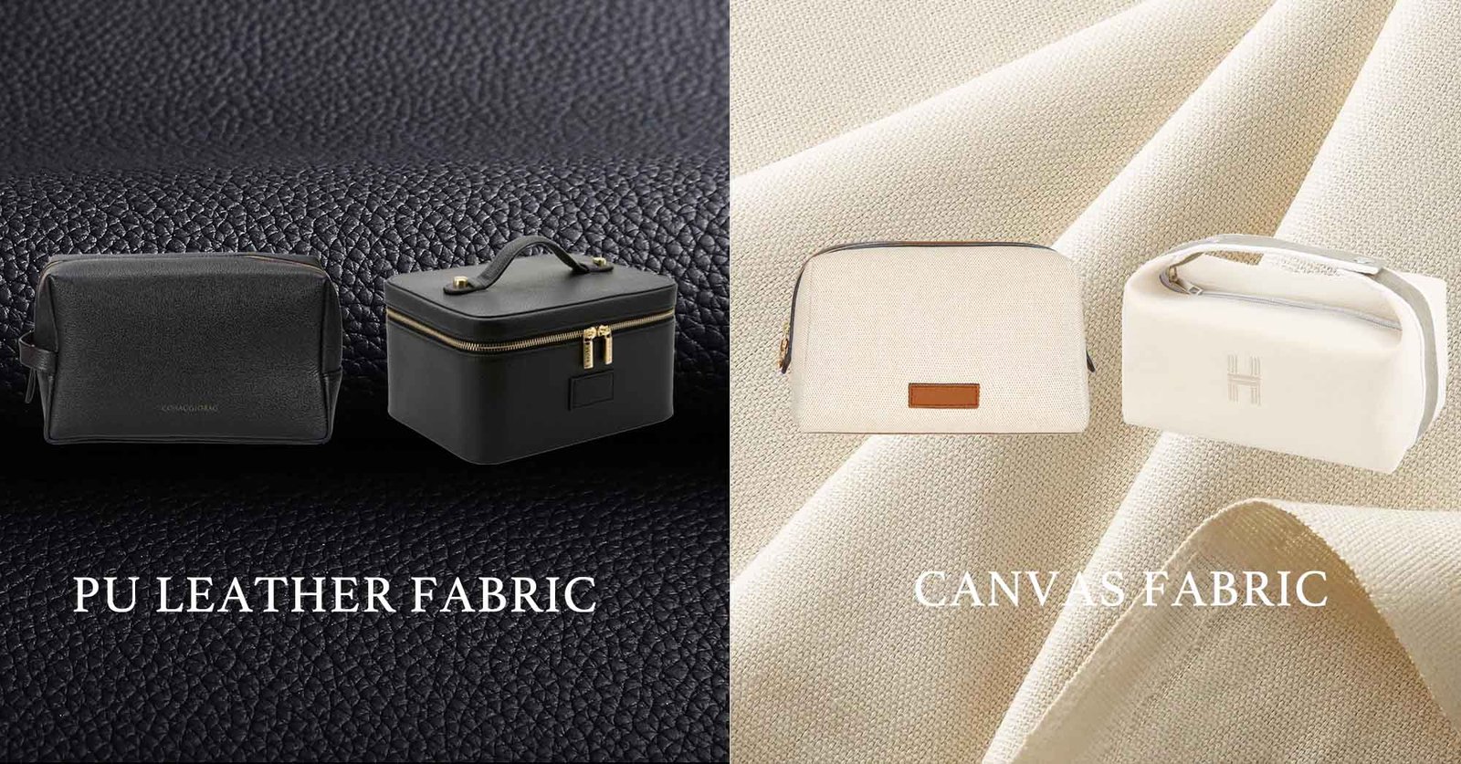 Close up of gold zipper and textured leather on a makeup bag