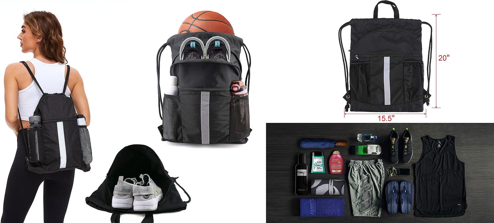 Drawstring bags used in gym and retail settings