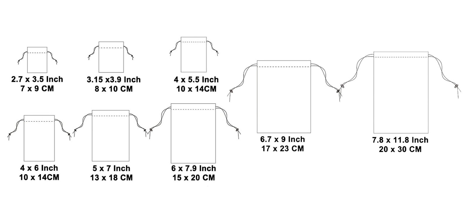 Standard drawstring bag sizes laid out