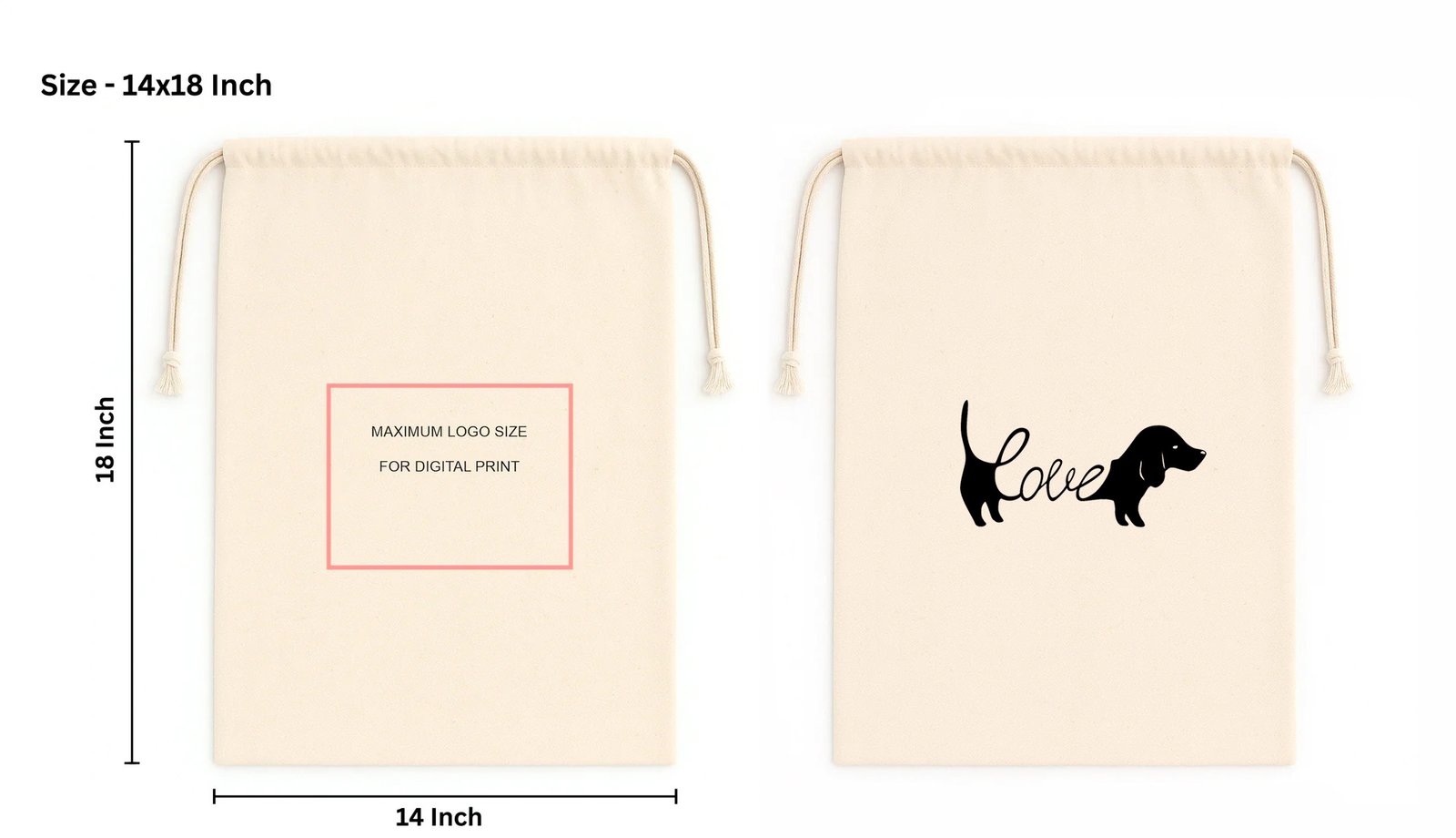 Logo placement guide on drawstring bags