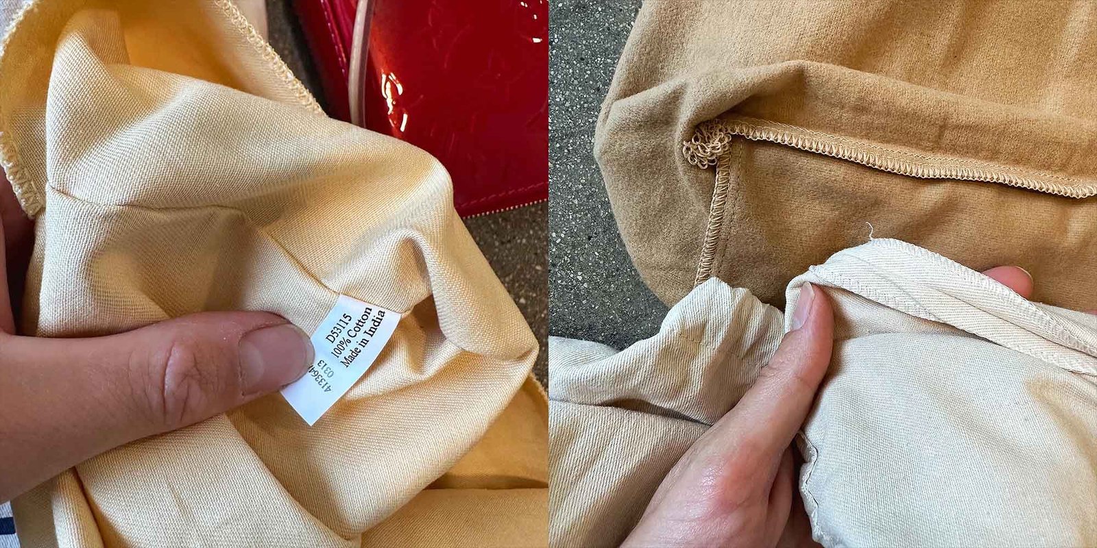 close up stitching detail on cotton dust bag