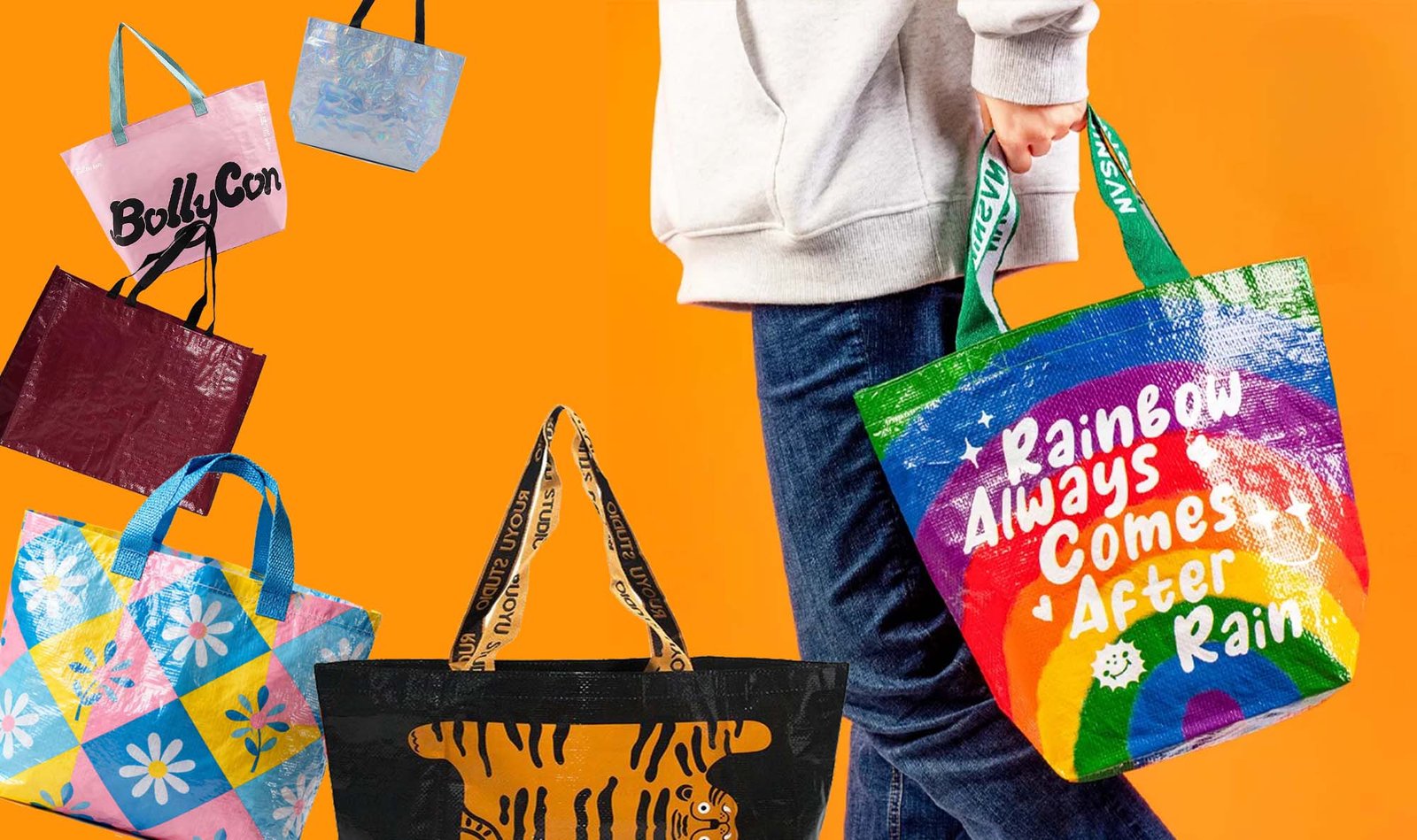 Reusable bags stacked in a warehouse