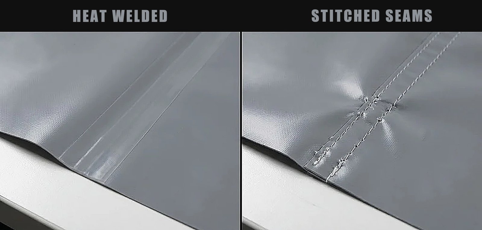 Heat welded seams versus traditional stitched seams detail