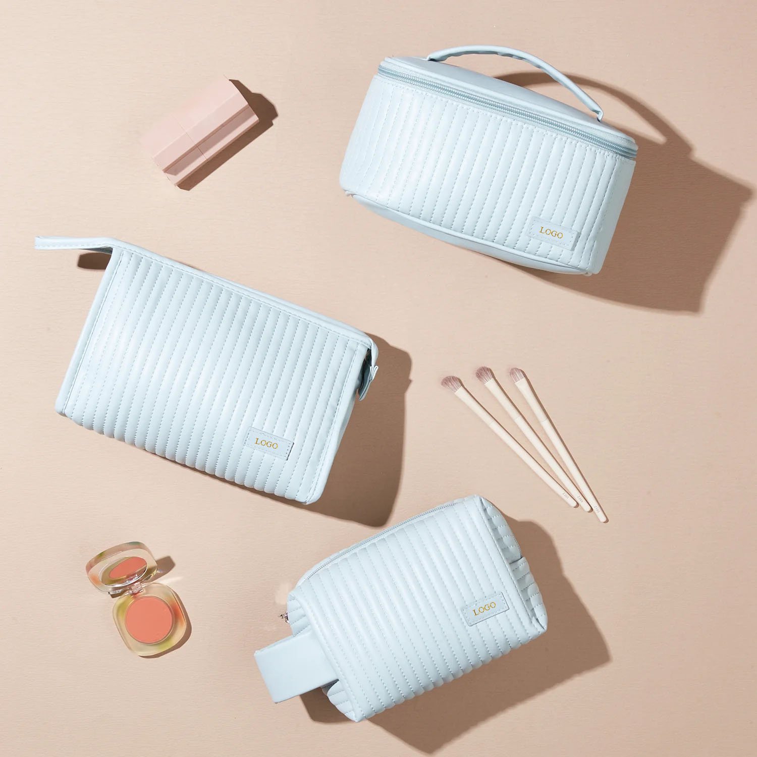 Usable cosmetic pouch on vanity