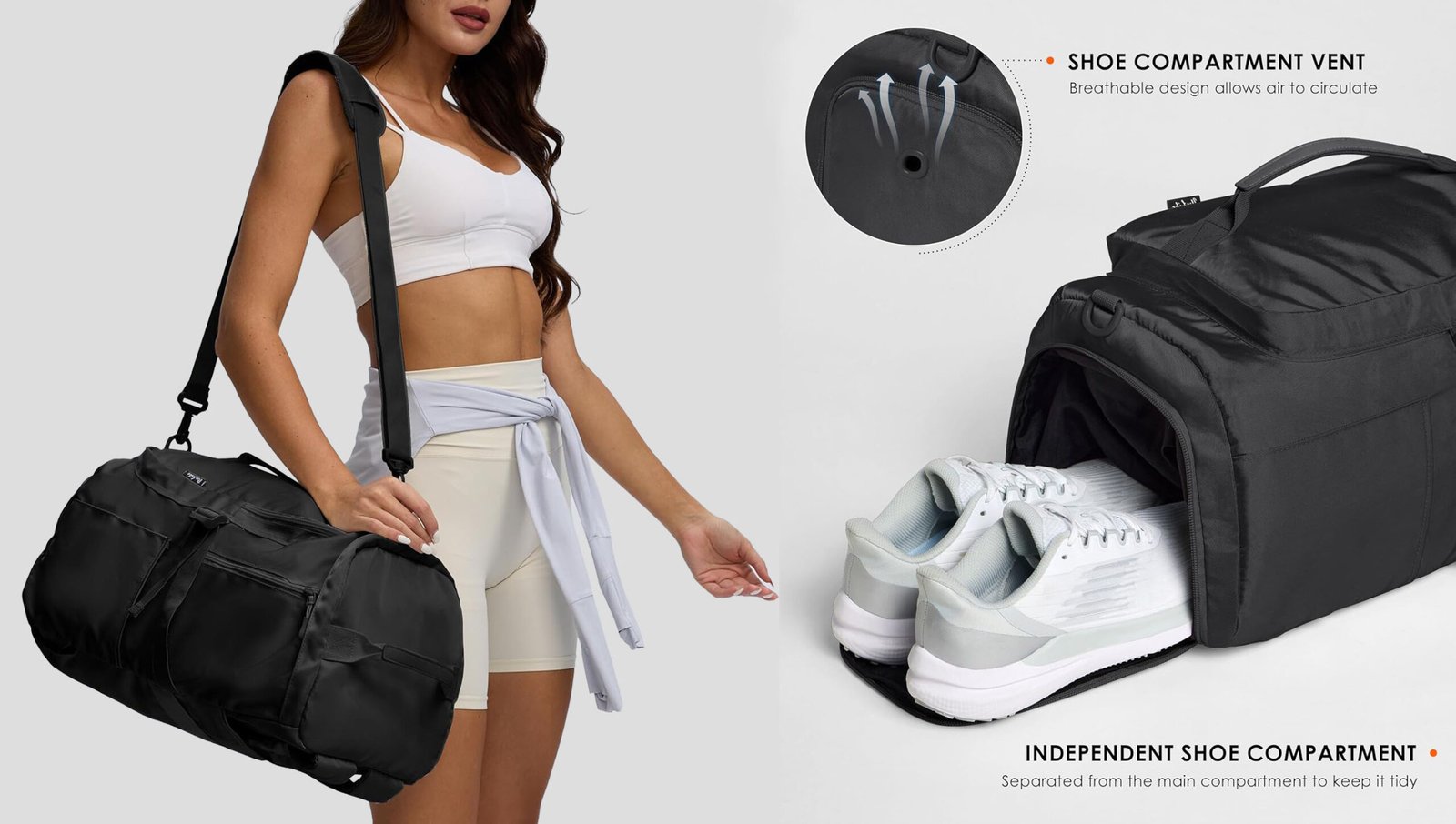 Separate shoe compartment design for private label gym duffle bag