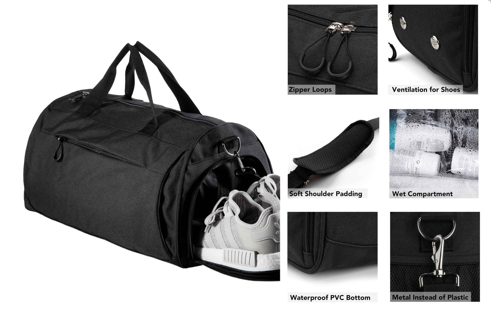 Removable shoulder strap and wet pocket duffle bag features