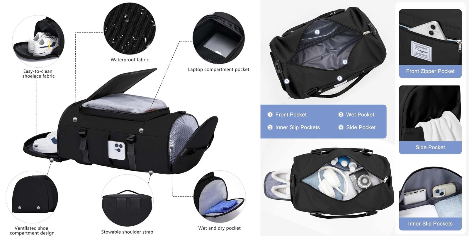 Wide U-shape zipper opening duffle bag design