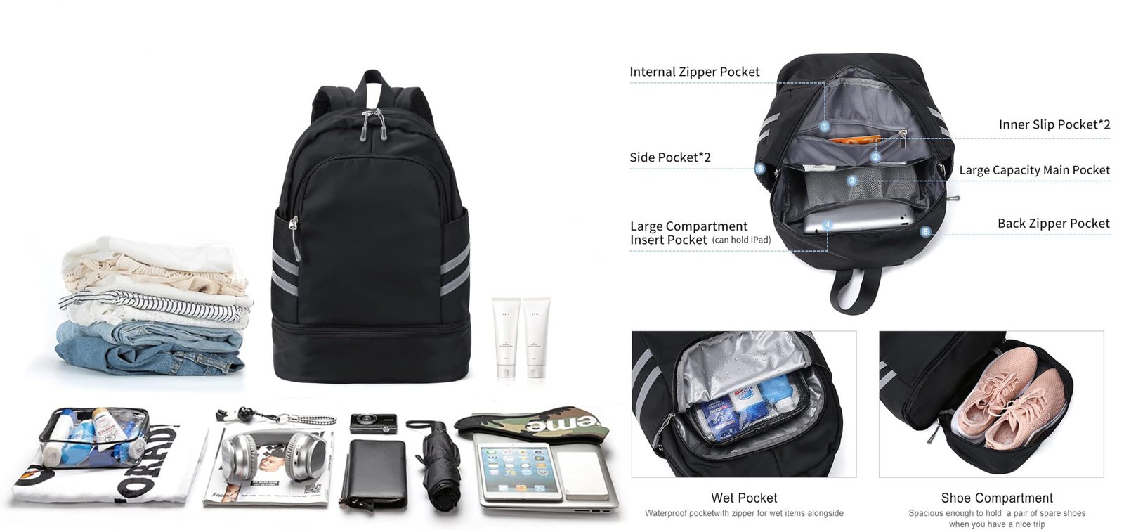 gym backpack sourcing with wet shoe laptop pockets