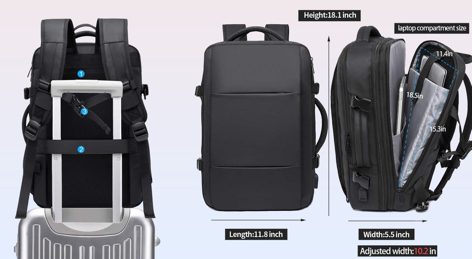 luggage sleeve and laptop pocket backpack