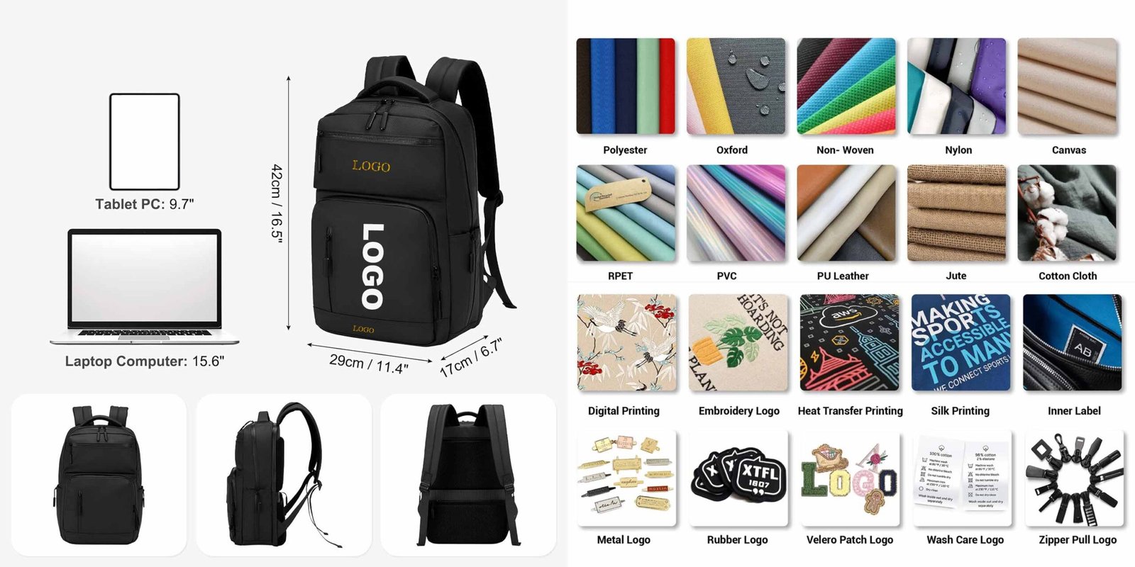 rPET laptop backpacks with custom logo branding options