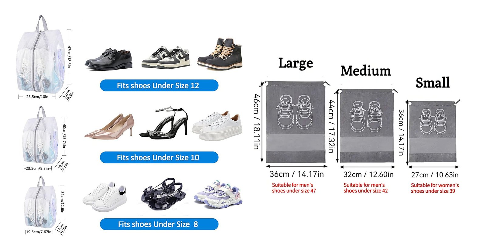shoe bags sized for sneakers and hotel slippers