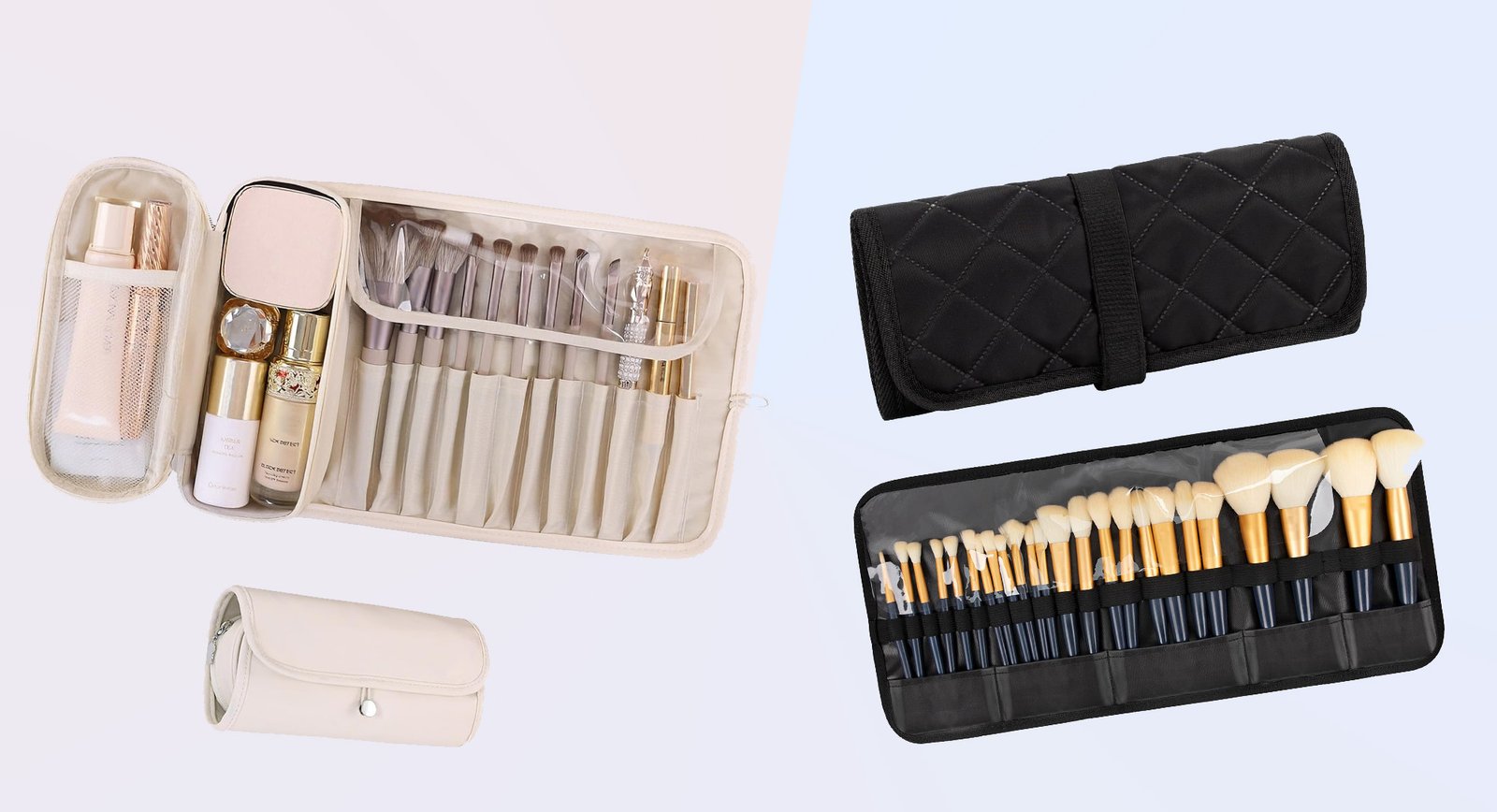 what is a cosmetic brush roll bag with brush slots and flap