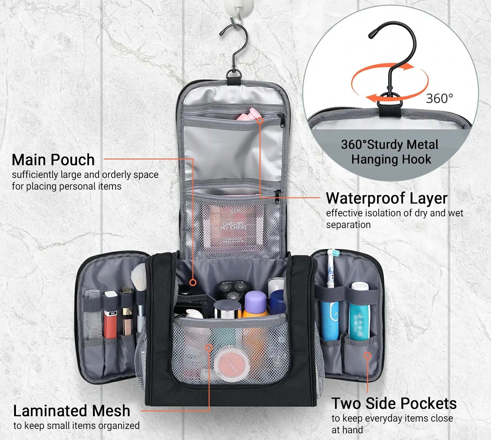 travel toiletry bag compartment layout