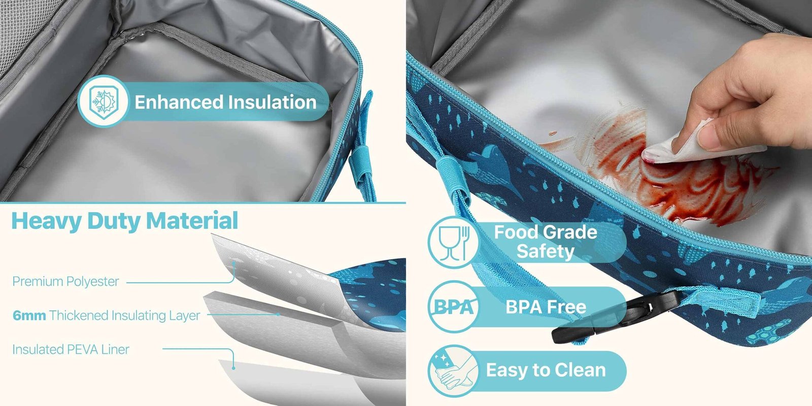 easy clean insulated lunch bag lining